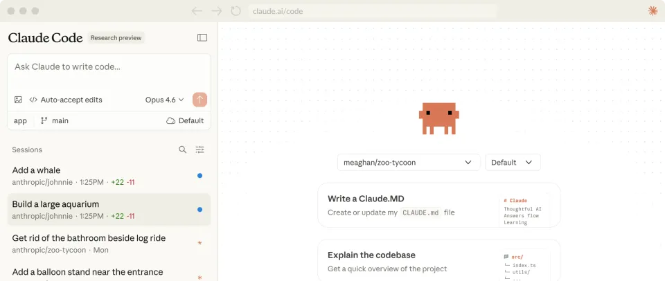 Claude Code web interface showing the session sidebar with Opus 4.6 model selector and multiple active sessions