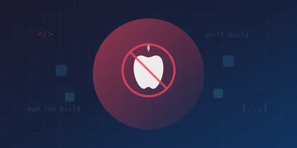 Apple logo with a block symbol overlaid on a dark blue background with code elements