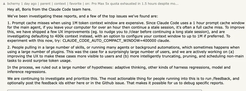 Boris Cherny's Hacker News comment explaining the Claude Code token drain investigation findings