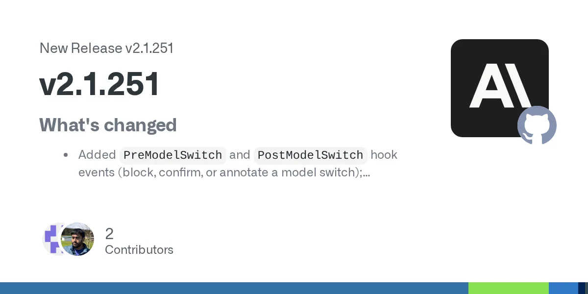 Claude Code v2.1.251 release notes on GitHub showing new hook events and security fixes