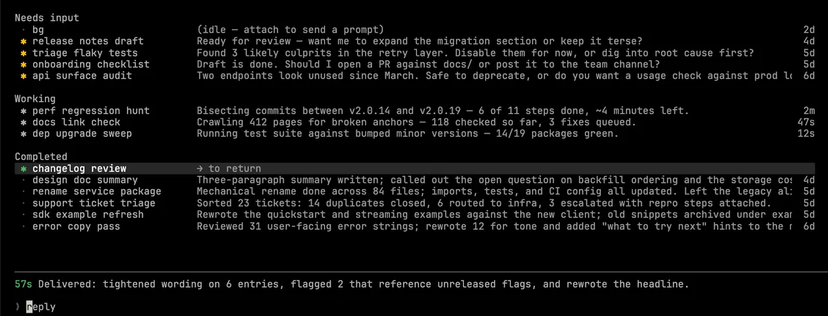 Claude Code terminal showing multiple parallel agent sessions with status indicators