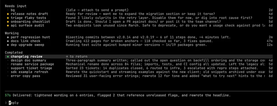 Claude Code agent view showing multiple parallel sessions in the terminal with status indicators