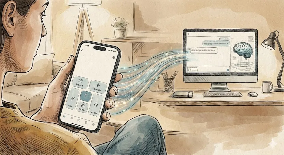 Illustration of a person using a phone to control a coding session on a desktop computer