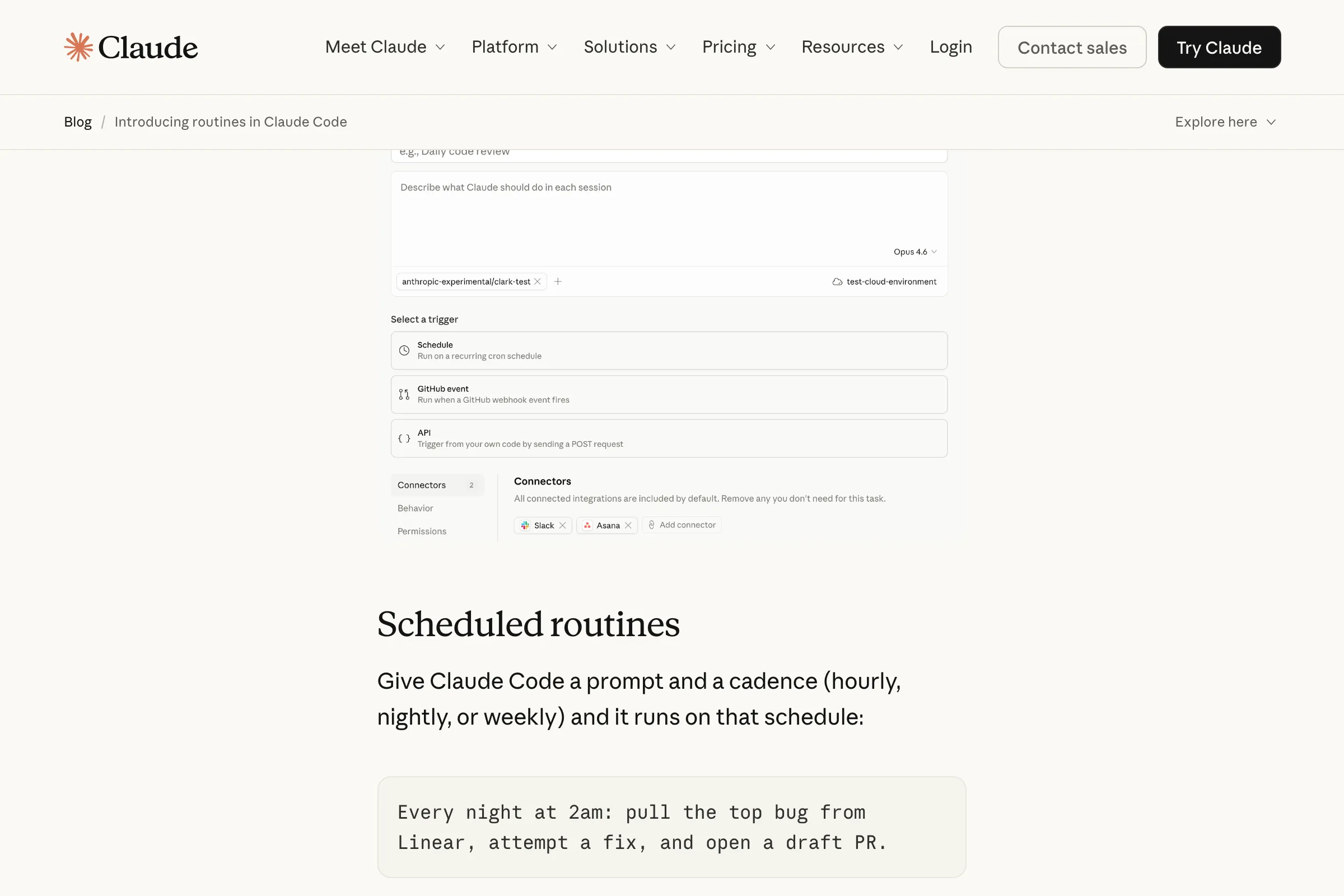Claude Code Routines: scheduled prompts running on a cron-like cadence