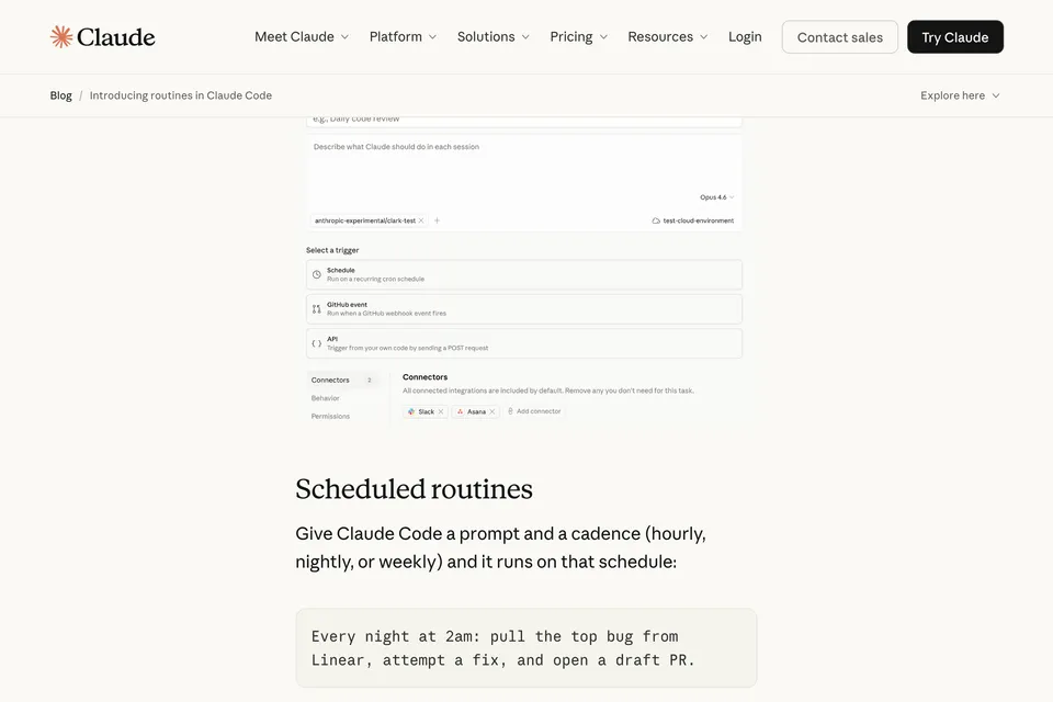 Screenshot of the Claude Code Routines creation interface showing trigger options for scheduled, GitHub webhook, and API routines