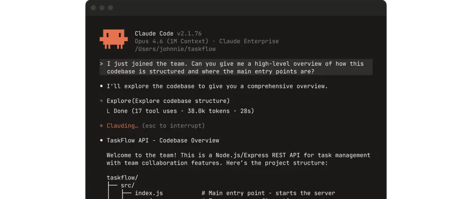 Claude Code terminal interface showing Opus 4.6 with 1M context, exploring a codebase