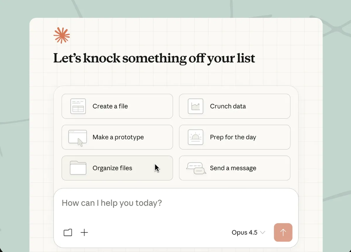 Claude Cowork interface showing task options like Create a file, Crunch data, Make a prototype, and Organize files