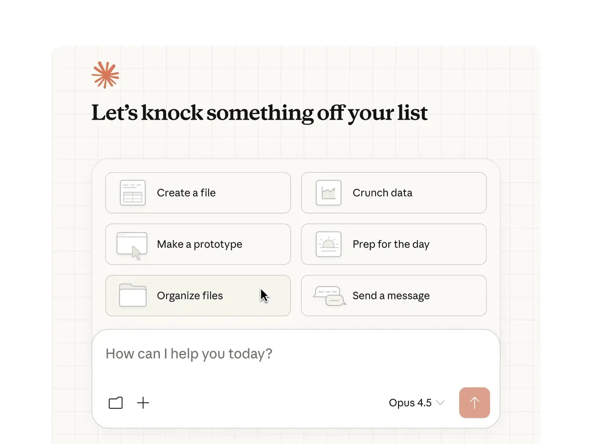 Claude Cowork interface showing task cards for Create a file, Crunch data, Make a prototype, and more