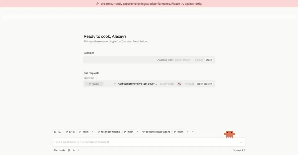 Leaked screenshot of Claude's Epitaxy desktop interface showing session management, pull request tracking, and multi-repo tabs