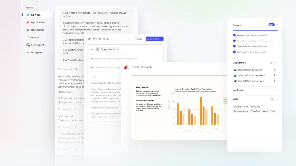 Microsoft Copilot Cowork interface showing Claude AI integration with Microsoft 365 apps
