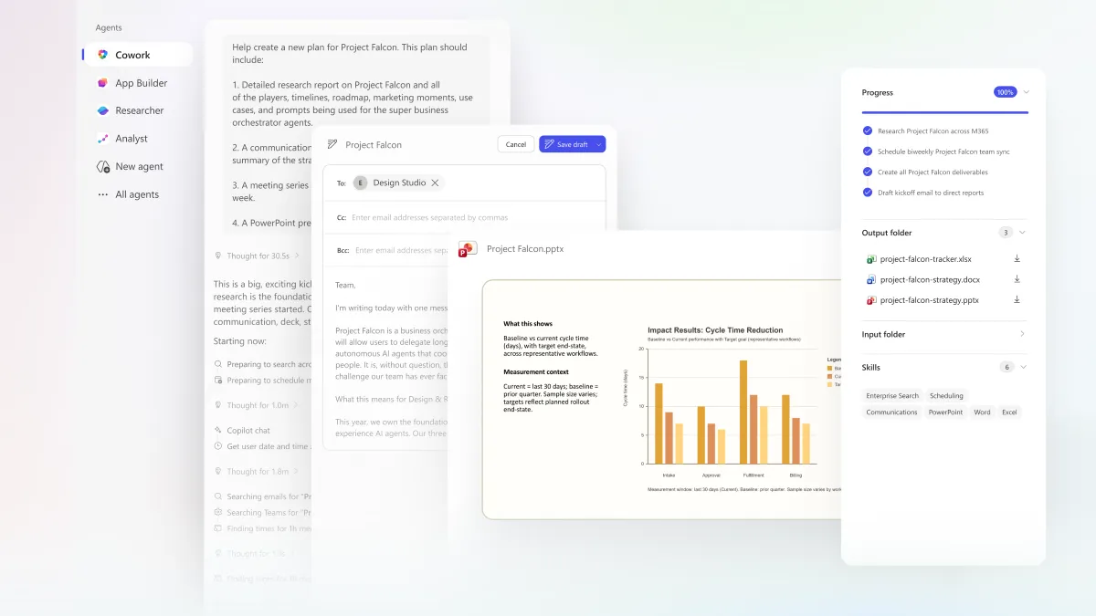 Microsoft Copilot Cowork interface showing Claude AI integration with Microsoft 365 apps