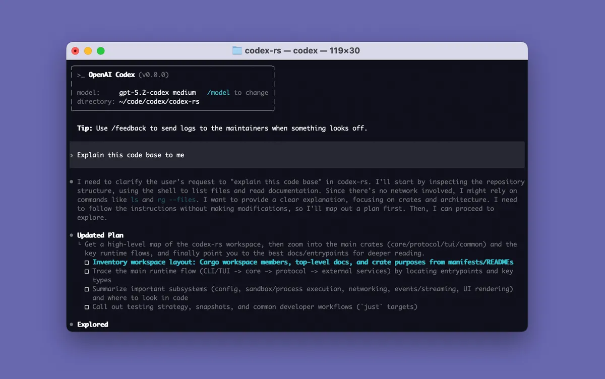 Codex CLI running in a terminal, showing the agent interface with code editing and task output
