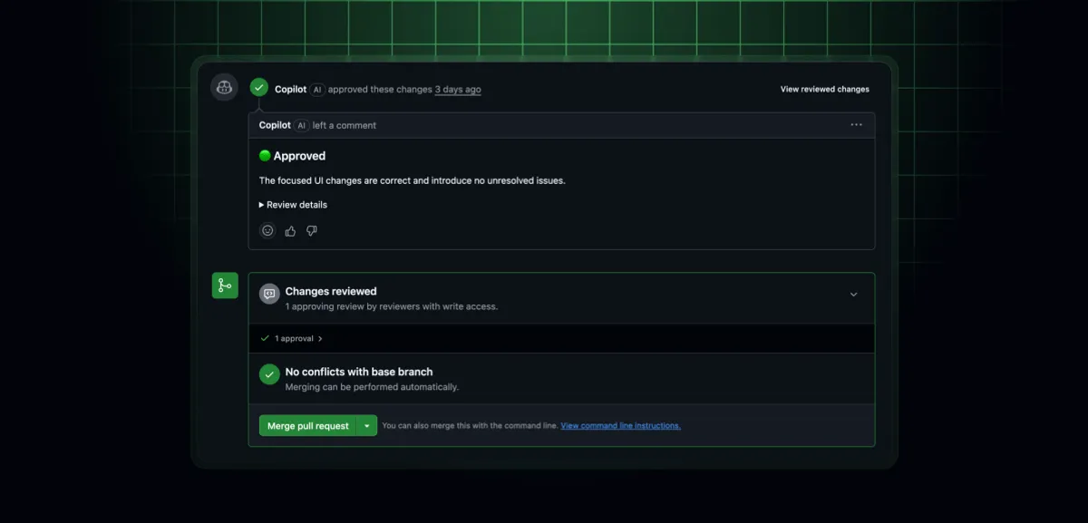 GitHub Copilot code review approving a pull request with a comment