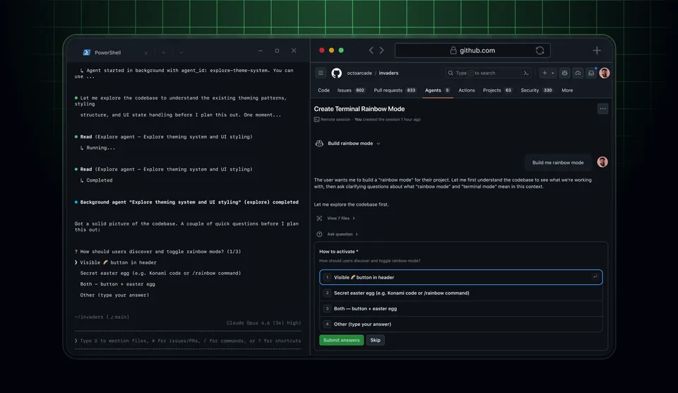 GitHub Copilot CLI session shown on a laptop with a phone showing the same session's remote control interface
