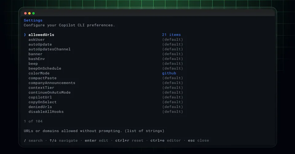 GitHub Copilot CLI showing the new /settings slash command interface