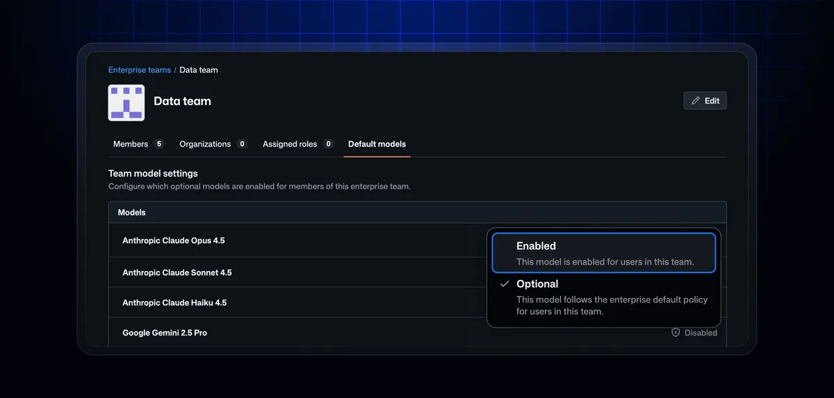GitHub Copilot enterprise model targeting settings interface