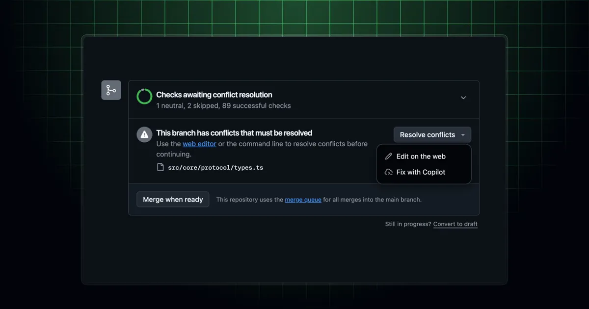GitHub pull request page showing the Fix with Copilot button for resolving merge conflicts