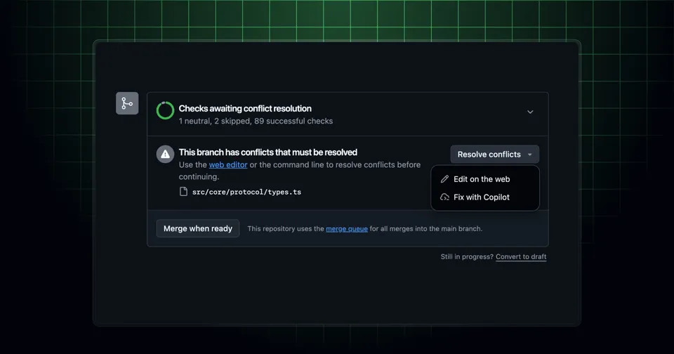 GitHub pull request page showing the Fix with Copilot button for resolving merge conflicts