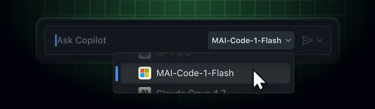 GitHub Copilot model picker in VS Code showing the list of available AI models including MAI-Code-1-Flash