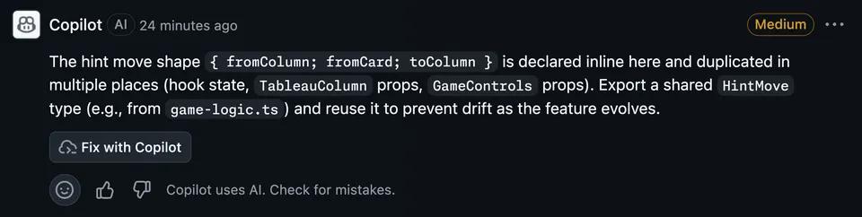 GitHub Copilot code review comment showing a High severity label in the top-right corner and a suggested change for improving variable naming