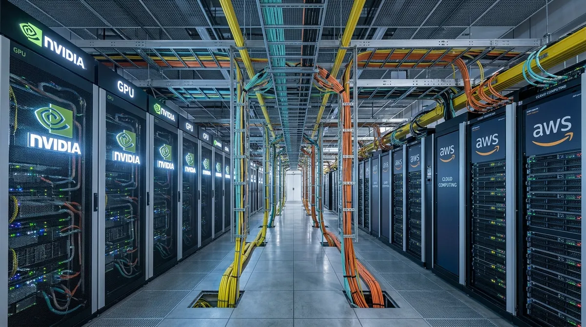 Rows of server racks in a data center