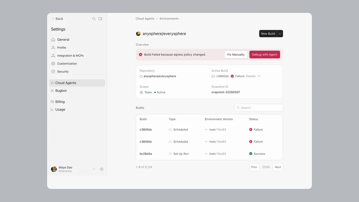 Cursor Cloud Agents builds dashboard showing build status, timestamps, and debug logs