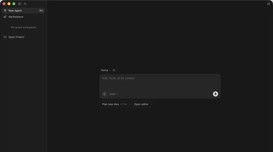 Cursor Glass interface showing the agent-first home screen with Plan, Build prompt input, model selector, and New Agent sidebar