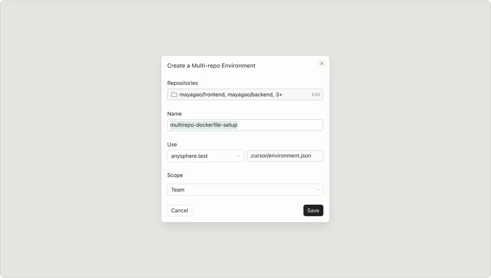 Cursor's Create a Multi-repo Environment dialog showing multiple repositories selected with Dockerfile configuration