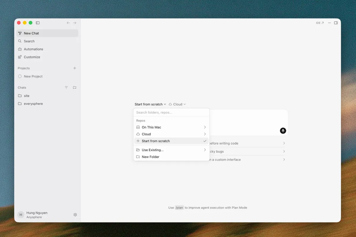 Cursor's repo picker showing the 'Start from scratch' option for cloud agents