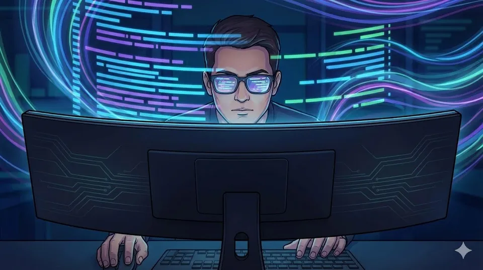 Illustration of a developer coding with AI tools surrounding them