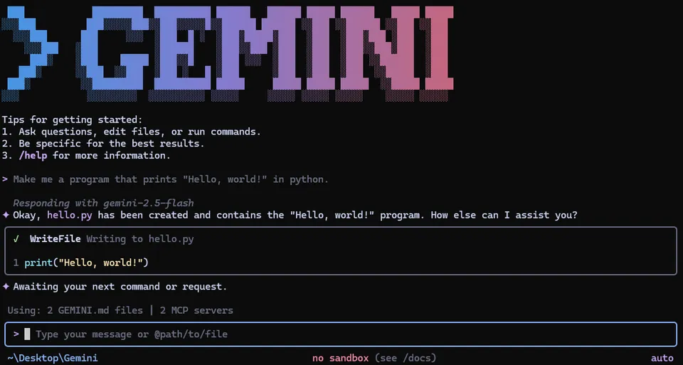 Gemini CLI running in a terminal window showing the conversational interface with tool calls and response output