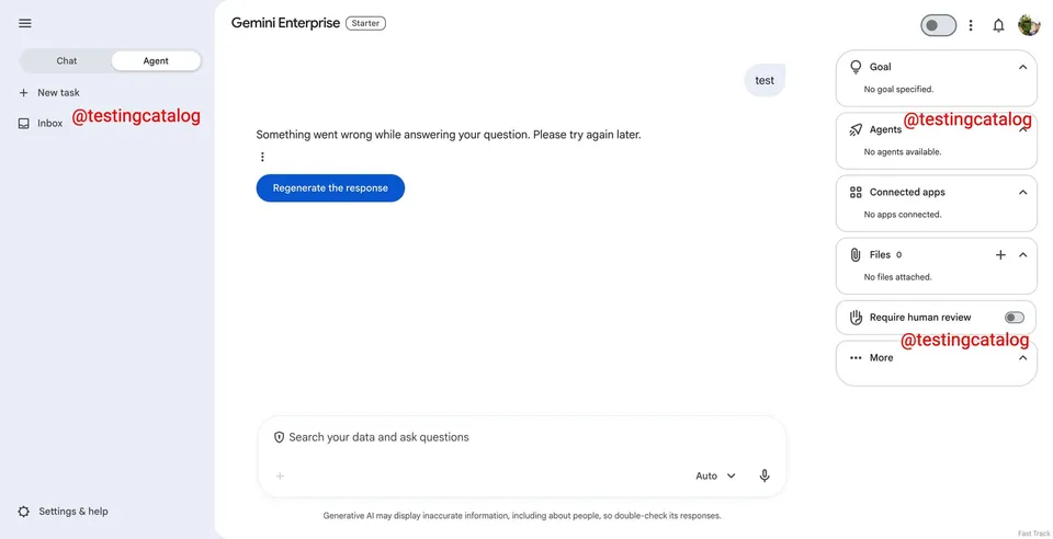Screenshot of Google Gemini Enterprise showing the new Agent tab with Goal, Agents, Connected apps, Files, and Require human review panels
