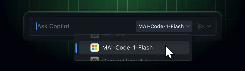 GitHub Copilot interface showing the model picker with MAI-Code-1-Flash as an option
