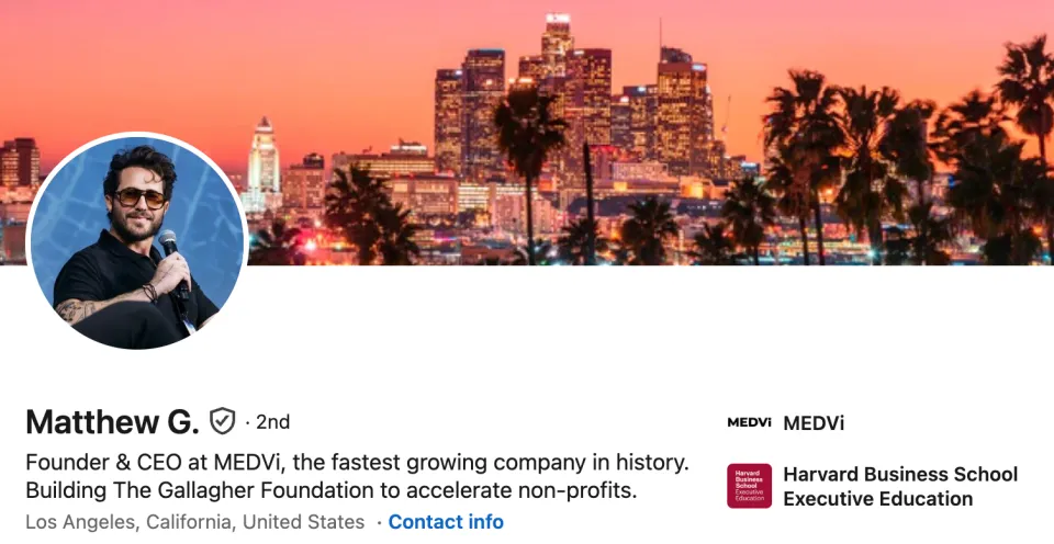 Matthew Gallagher's LinkedIn profile showing his title as Founder and CEO at MEDVi, the fastest growing company in history