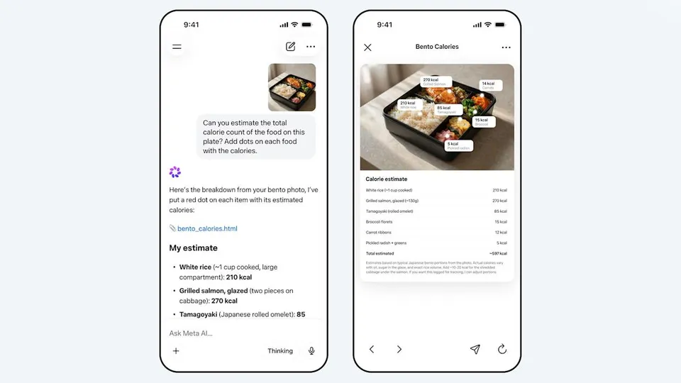 Two Meta AI mobile screens showing Muse Spark estimating calories in a bento box photo, with per-item labels overlaid on the image and a breakdown table below