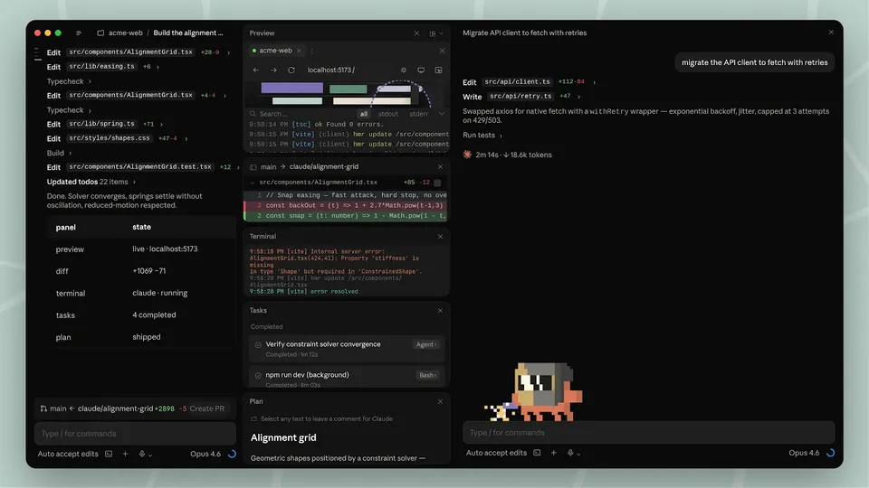 Screenshot of the redesigned Claude Code desktop application showing parallel sessions, code preview, diff viewer, terminal, and task panels in a dark-themed interface