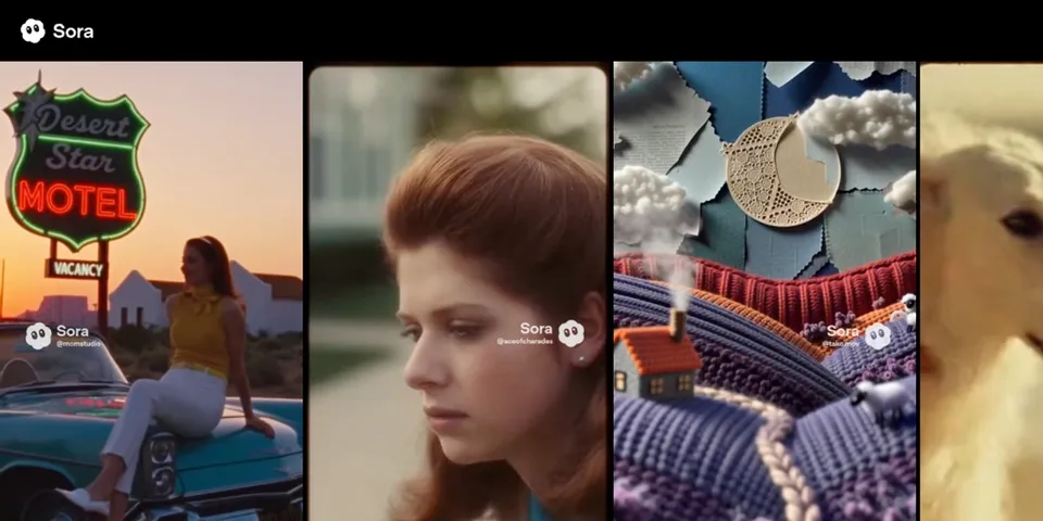 Sora landing page showing a four-column video feed with a motel sign, a portrait, a crafted moon scene, and a dog, plus a Log in button in the upper-right corner