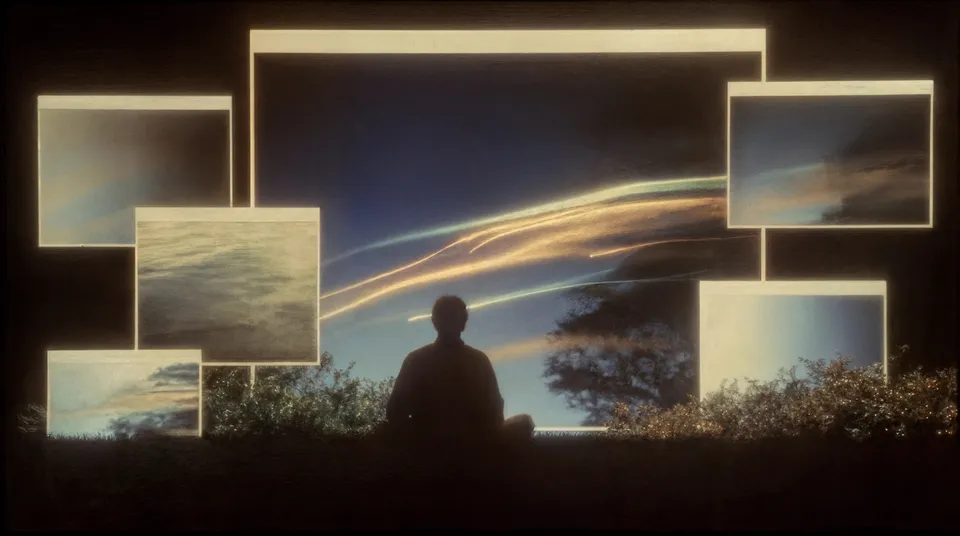 Perplexity Computer promotional image showing a silhouette facing multiple glowing screens