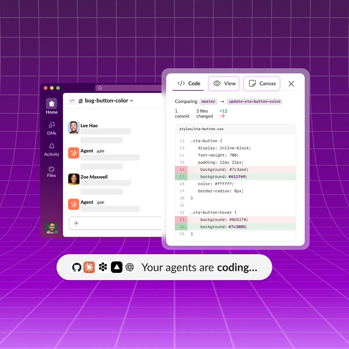 Slack Code hero graphic showing team collaboration with AI agents