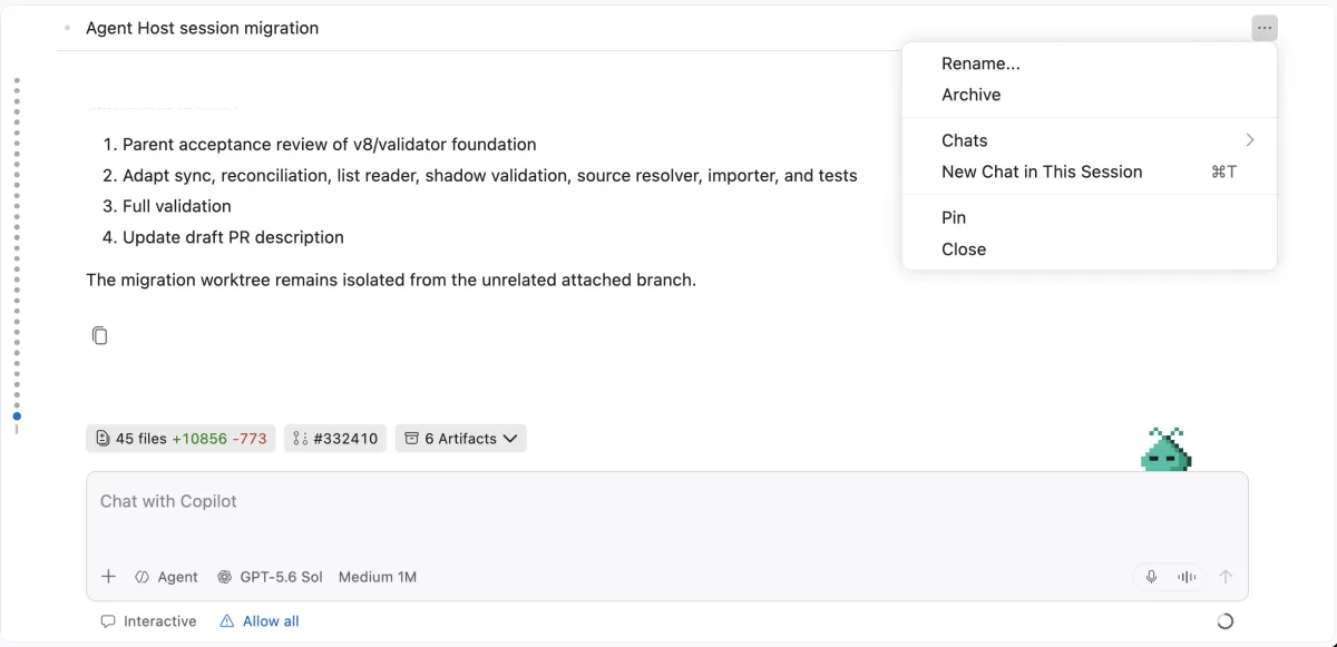 VS Code 1.135 streamlined agent session header showing new session controls
