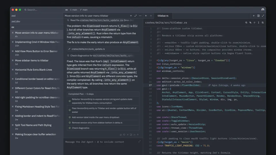 Zed 1.0 editor showing the new interface with agent threads and parallel sessions