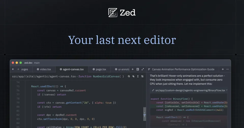 Zed editor interface showing the agent panel and code editing surface