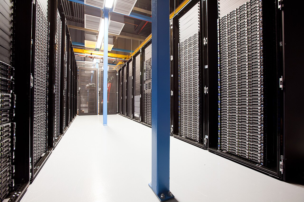 Rows of server racks in a data center