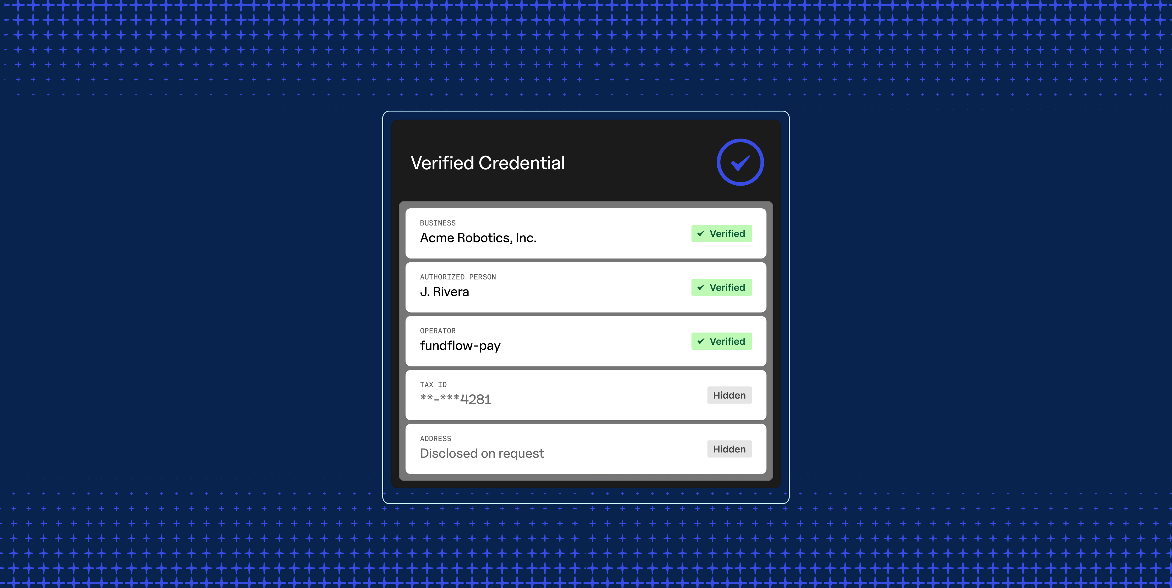 Baselayer product graphic showing a verified business, authorized person, and agent operator credential