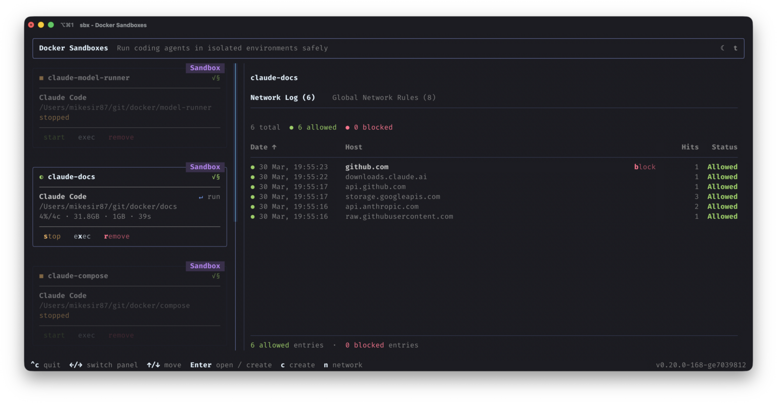 The Docker Sandboxes agent workspace showing an isolated cloud development environment