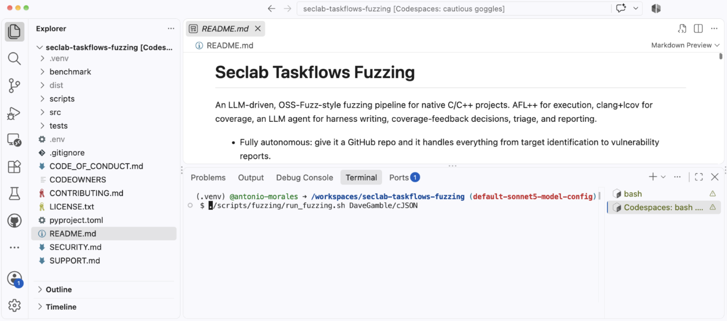 Screenshot of the GitHub Security Lab Fuzzing Taskflow dashboard