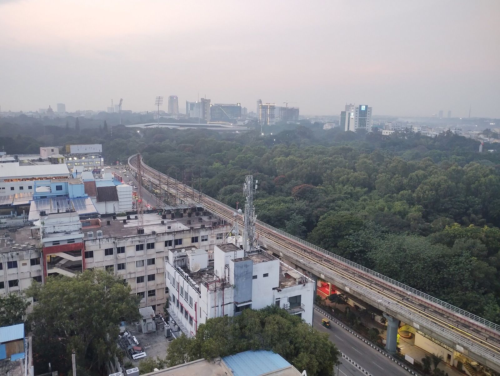 Aerial view of the Bangalore skyline from MG Road in 2024