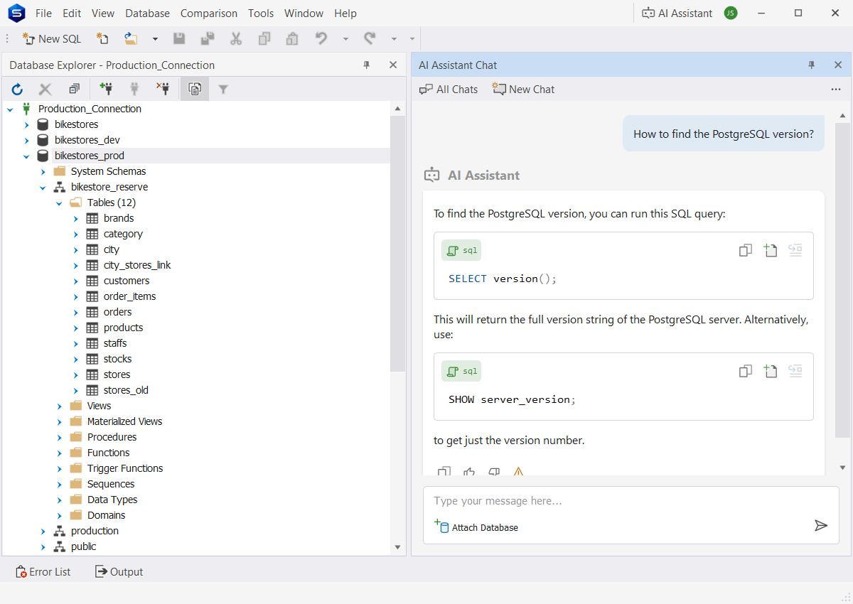 The dbForge AI Assistant chat panel inside dbForge Studio for PostgreSQL