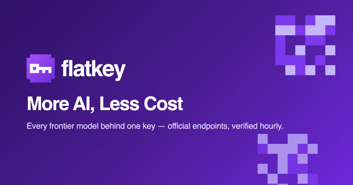 Flatkey branding on a purple gradient with the tagline 'More AI, Less Cost'