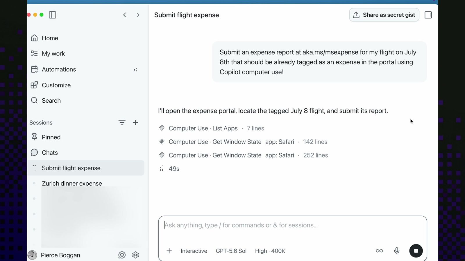 Still from GitHub's official demo video: the GitHub Copilot app running a 'Submit flight expense' session, with Computer Use tool calls listing apps and reading Safari window state